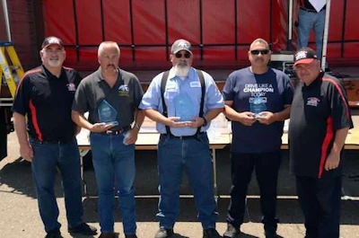 Sleeper class winners, left to right: CTA First Vice President Joe Giammona, second place Rob Kressley, Walmart; first place Paul Kershaw, Walmart; third place Bulmaro Cervantez, JB Hunt; and State Finals Chair Rodney Farley. (Image Courtesy of California Trucking Association)