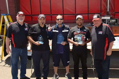 Straight truck class winners, left to Right: CTA First Vice President Joe Giammona, third place Gilbert Recio, FedEx Freight; first place Gary Cordova, FedEx Freight; second place Jose Medina Ayala, Walmart; and State Finals Chair Rodney Farley. (Image Courtesy of California Trucking Association)