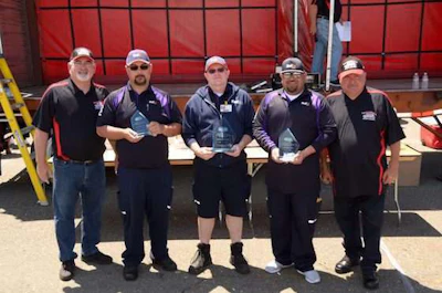 Twins class winners, left to right: CTA First Vice President Joe Giammona, third place Lance Jackson, FedEx Freight; first place Jon Stafford, FedEx Freight; second place Kito Amaya, FedEx Freight; and State Finals Chair Rodney Farley. (Image Courtesy of California Trucking Association)