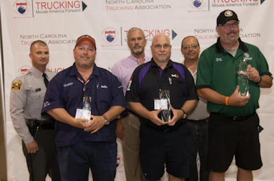 Pictured from the left are NCSHP A.T. Bost, third place twins class winner Mark Bryant of FedEx Ground, NCTA Board Chairman Gerald Myers, second place twins class winner Leonard Coleman of FedEx Freight, TDC Chairman Alan Darr and first place twins class winner David Wagner of Old Dominion Freight Line. (Image Courtesy of North Carolina Trucking Association)