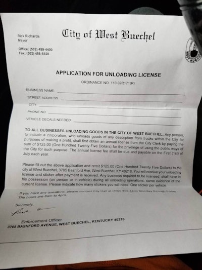 This photo of the unloading license application was posted in a trucking Facebook group.