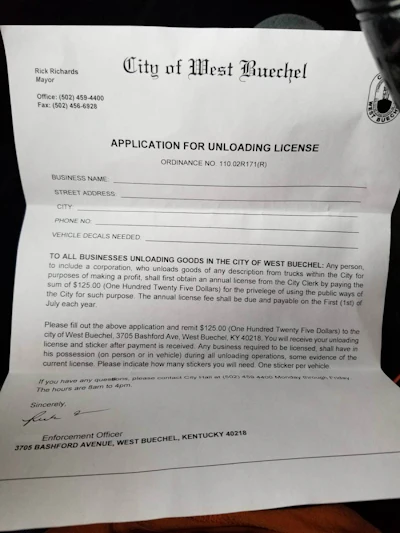 This photo of the unloading license application was posted in a trucking Facebook group.