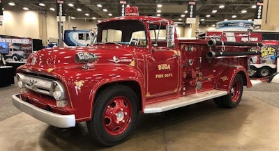 This 1956 Ford F600 was built by Simms Fire Equip. Co. in San Antonio, Texas. It has a Ford 292 C.I.D. V-8 engine and five-speed transmission.