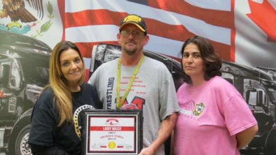 Larry Maser was honored with the Steven’s Transport’s Grad Driver of the Month Award in March. He is shown accepting the award with Grad Fleet Manager Sherri Torres and his wife, Lynn Maser.