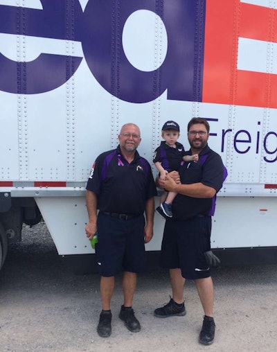 Left to right: Randy Thomas, Jeremy Thomas’ son Lincoln, and Jeremy Thomas at the 2017 West Virginia Truck Driving Championships. (Image Courtesy of Jeremy Thomas/FedEx)