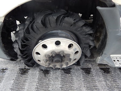 A tire of Freightliner Indiana State Police stopped with stop sticks Friday. (ISP photo)
