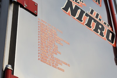 On the back of the truck's trailer there is a list of Simpsons' hits.