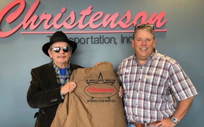 Paul Leicht (left) has been aiding in disaster relief since Hurricane Katrina struck the Gulf Coast in 2005. Most recently he has hauled supplies for Convoy of Hope to Houston after Hurricane Harvey in 2017 and to North Carolina after Hurricane Florence this year. He is shown with Barry McGowen, Christenson Transportation’s director of safety and maintenance.