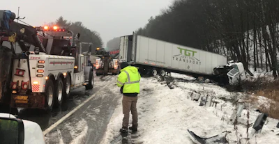 A truck left I-90 westbound in Massachusetts Thursday afternoon. No injuries were reported. (Mass State Police photo)