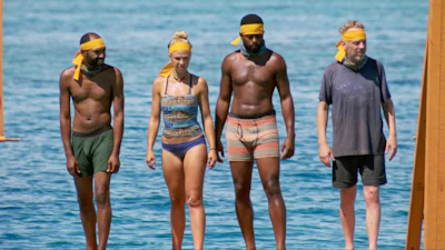 Carl Boudreaux, Kara Kay, Davie Rickenbacker and Mike White on the eleventh episode of SURVIVOR: David vs. Goliath. (Photo: Screen Grab/CBS Entertainment ©2018 CBS Broadcasting, Inc. All Rights Reserved.)