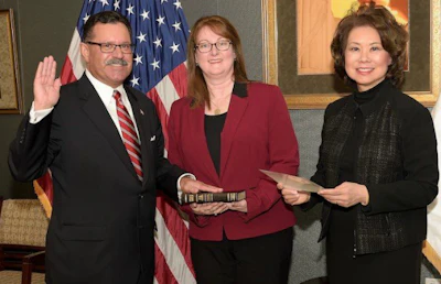 Raymond Martinez was sworn in as the administrator the Federal Motor Carrier Safety Administration by DOT Secretary Elain Chau in February.