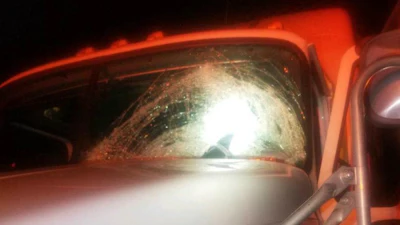 Photo by Monteagle Police show truck’s windshield damaged by rock thrown from I-24 overpass