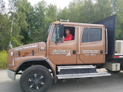 A high school student at Tri-County Technical Center practices driving a truck. (Image Courtesy of Tri-County Technical Center)