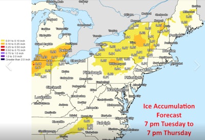 Ice accumulation forecast for the Northeast United States
