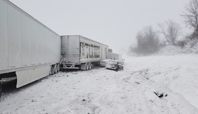 One of several trucks involved in a pileup Wednesday on the New York State Thruway (NYS Police photo)