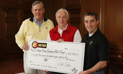 Billy Hupp, Rob Estes and Webb Estes with the check going to the Team Estes Employee Relief Fund (Estes photo)