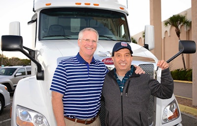 Landstar owner-operator Rosemberg Villarreal (right) won this 2019 Peterbilt 579 UltraLoft as part of the Landstar “Deliver to Win Truck Giveaway.” He is shown with Landstar President and CEO Jim Gattoni. (Landstar photo)