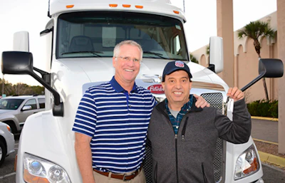 Landstar owner-operator Rosemberg Villarreal (right) won this 2019 Peterbilt 579 UltraLoft as part of the Landstar “Deliver to Win Truck Giveaway.” He is shown with Landstar President and CEO Jim Gattoni. (Landstar photo)