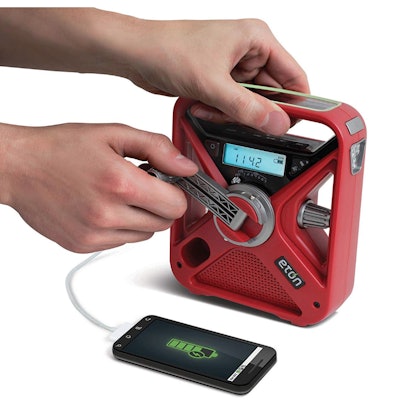 Hand-cranked weather band radio allows you to charge your smartphone.