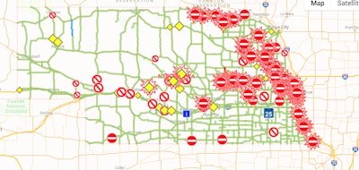 Nebraska DOT 511 map showing road closing and delays. Check for updates.