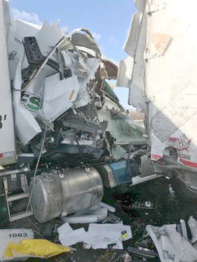 One of the trucks involved in a chain reaction accident on I-70 Saturday. (ISP photo)