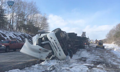 Truck rollover on Interstate 495 spilled whiskey bottles. (Mass State Police photo)