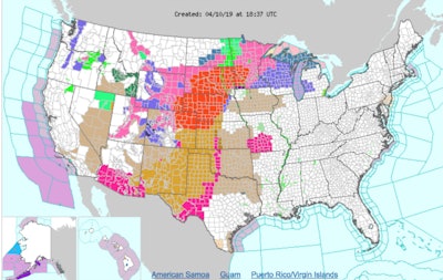 The red in the middle of the country indicates blizzard conditions.