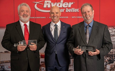 Ryder Chairman & CEO Robert Sanchez (center) presents James “Mike” Williams (left), and Kevin Vaughn (right), with Ryder’s 46th Annual Driver of the Year Award.