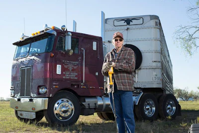 Owner-operator Zach Beadle and his 1976 Peterbilt COE and livestock trailer, pictured during a 2015 cover shoot for the January 2016 issue of Overdrive.