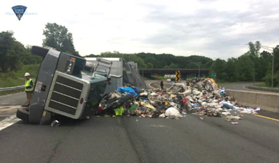 This rollover on I-91 northbound in western Massachusetts tied up traffic for several hours. (Photo by Massachusetts State Police)
