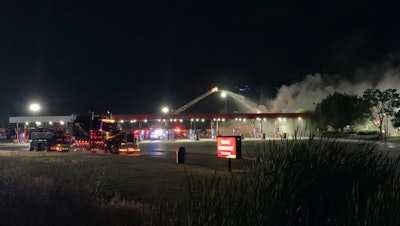 Fire damaged the Pilot Flying J travel center in McCalla, Alabama this morning. (Photo by Russell Jones, WBRC TV on Twitter)