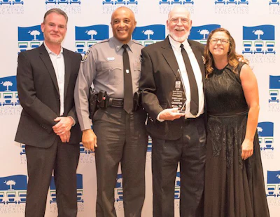 From left to right: South Carolina Truck Driving Championship Co-Chairman Tim Birmingham of Edwards Wood Products, South Carolina State Transport Police Col. Leroy Tayler, Old Dominion Freight Line's Ralph Hamilton, and Casey O'Dell of Belue Trucking Co. Hamilton was grand champion, won first in the 3-Axle class, and was awarded the G.M. Hamilton Knowledge of the Industry Award. (Image Courtesy of South Carolina Trucking Association/David M. Wes)