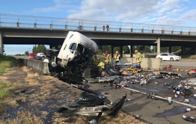 A trucker injured in this rollover crash on I-5 in Oregon (Photo: Oregon State Police)
