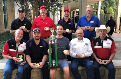 The winners from the Texas championship will represent the state at the national competition. Front row, left to right: Thomas Wilson, Christopher Flippin, Brent Dotts, Robert Svoboda and Juan Martinez. Back row, left to right: Rick Salazar, Bobby Tinsley, Todd Trahan and Phil Beck. (Image Courtesy of Texas Trucking Association)