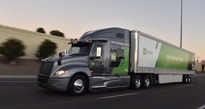 One of TuSimple’s self-driving trucks, a Navistar International LT, makes its way down the road. (Image Courtesy of TuSimple)