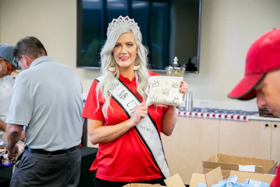 Frazier led an assembly of the beauty bags on Aug. 22. (Image Courtesy of C.R. England)