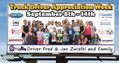 Brenny Transportation featured Fred Zwiefel, one of its drivers and his family, on a Driver Appreciation Week billboard.
