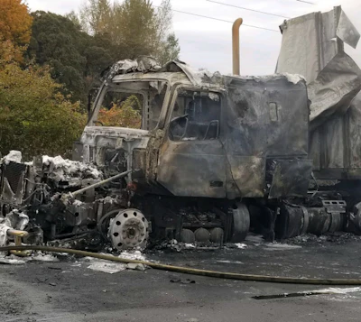 One of the trucks that burned in an I-5 collision in Oregon Tuesday (Oregon State Police photos)