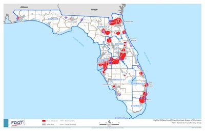 This map highlights identified areas of concern for truck parking in Florida, according to FDOT.