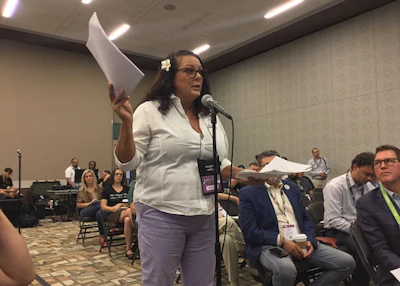 RWIT President Desiree Wood presented a petition to FMCSA Administrator Ray Martinez during GATS.