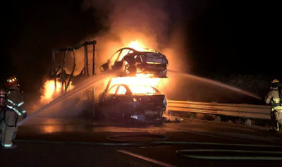Several cars were destroyed in a tractor-trailer fire in Nevada (Elko County Fire Protection District photo)
