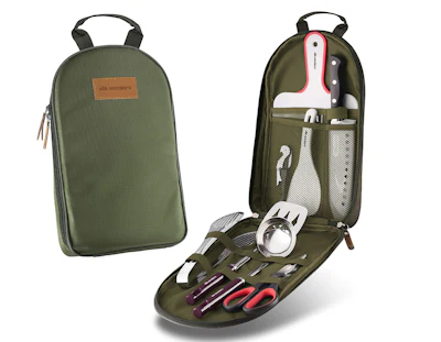 Wealers camp kitchen utensil organizer travel set is meant to be for camping, but it seems ideal for the properly equipped truck kitchen. The water-resistant case holds a cutting board, rice paddle, tongs, scissors, chef's knife, ladle, spatula, and bottle opener. Online for $24.99