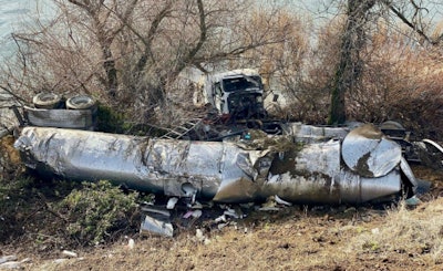 One of two milk tankers that crashed near the same spot on the same spot in northern California. (Northshore Fire Department photo)