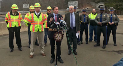 Sen. Richard Blumenthal at a press conference Monday, Jan. 13 about the need for more truck-related information on popular GPS apps for smartphones.