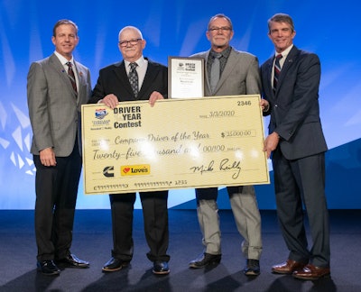 L to R: Jon Archard, VP of Sales with Love’s Travel Stops; Driver of the Year Don Lewis; Darrel Wilson, President, and CEO of Wilson Logistics; Lawrence “Chip” Magner, National Account Executive at Randall-Reilly