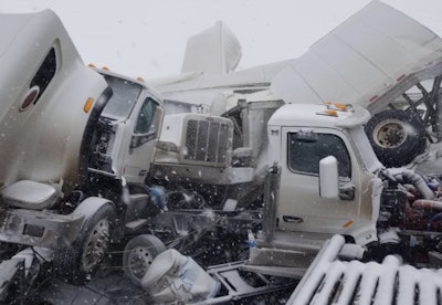 Dozens of tractor-trailers were involved in Sunday’s massive pile-up on I-80 in Wyoming.