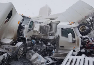 Dozens of tractor-trailers were involved in Sunday’s massive pile-up on I-80 in Wyoming.