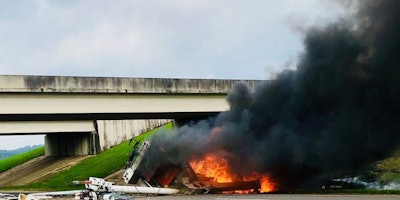 Scene of truck crash and fire in Louisiana Tuesday (Natchitoches Parish Sheriff’s Office photo)