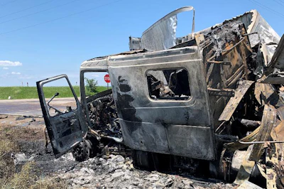 The cab of a truck hauling fireworks after it wrecked and caught fire June 20. (Nebraska State Patrol photo)