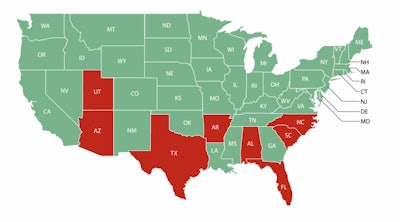 Travel restrictions apply to people from the states shown in red. The restrictions also apply to Washington.